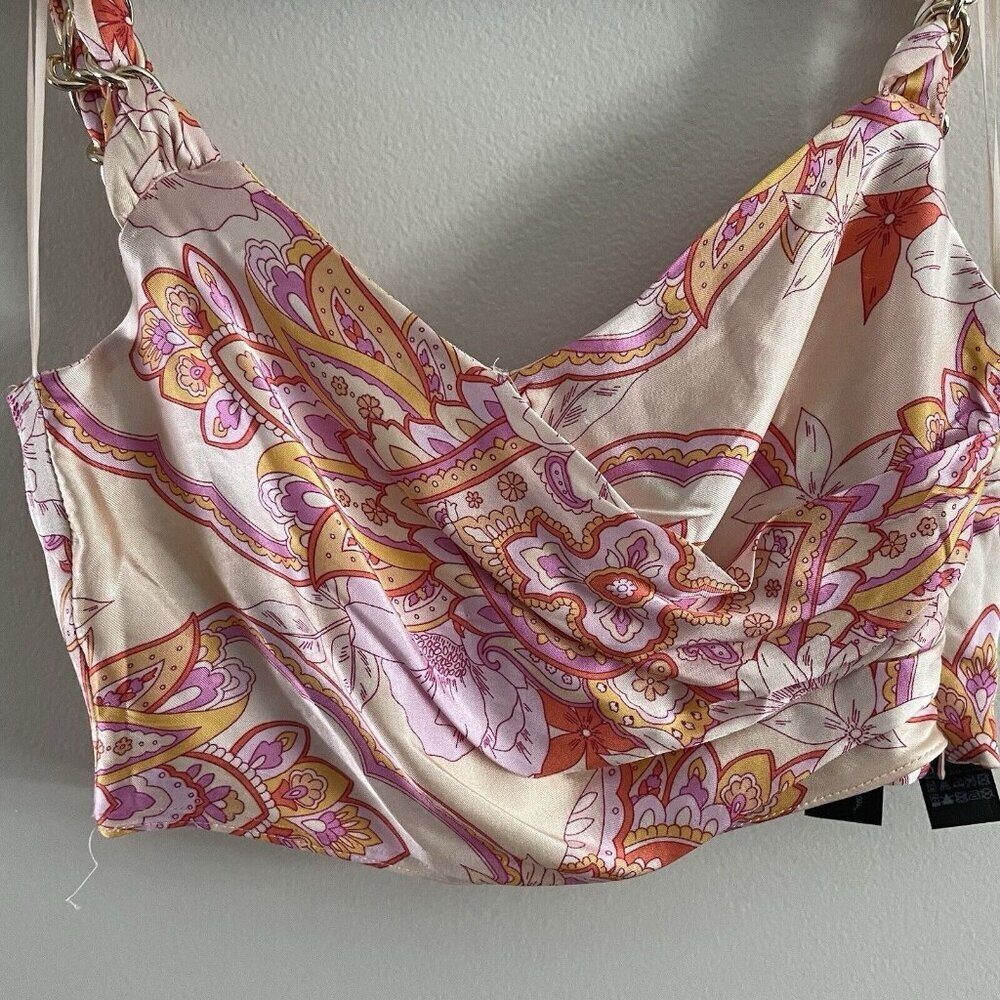Zara Womn XS Paisley Satin Chain Straps V-Neck Faux Wrap The Sasha Crop Top NWOT - Picture 3 of 10